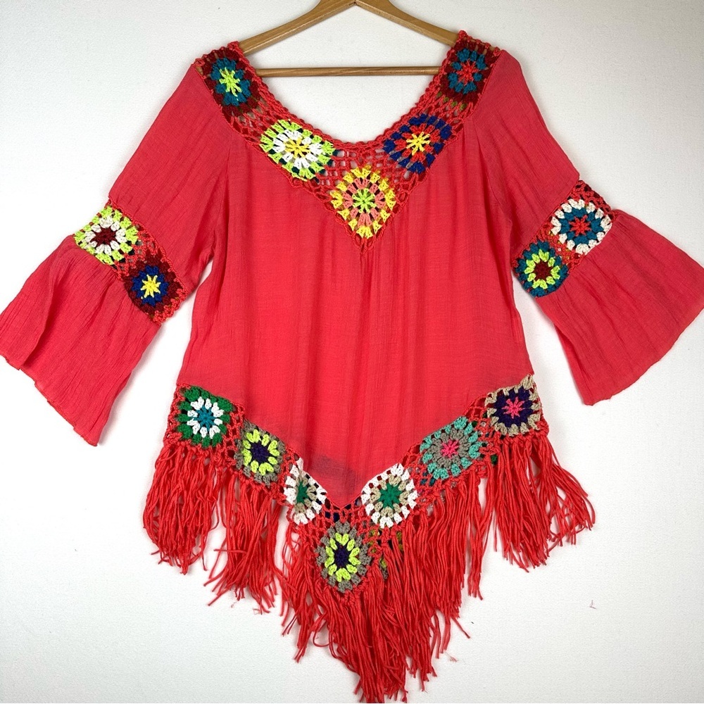 Asha Multi Colored Crochet Square Boho Peasant Shirt - Picture 3 of 6